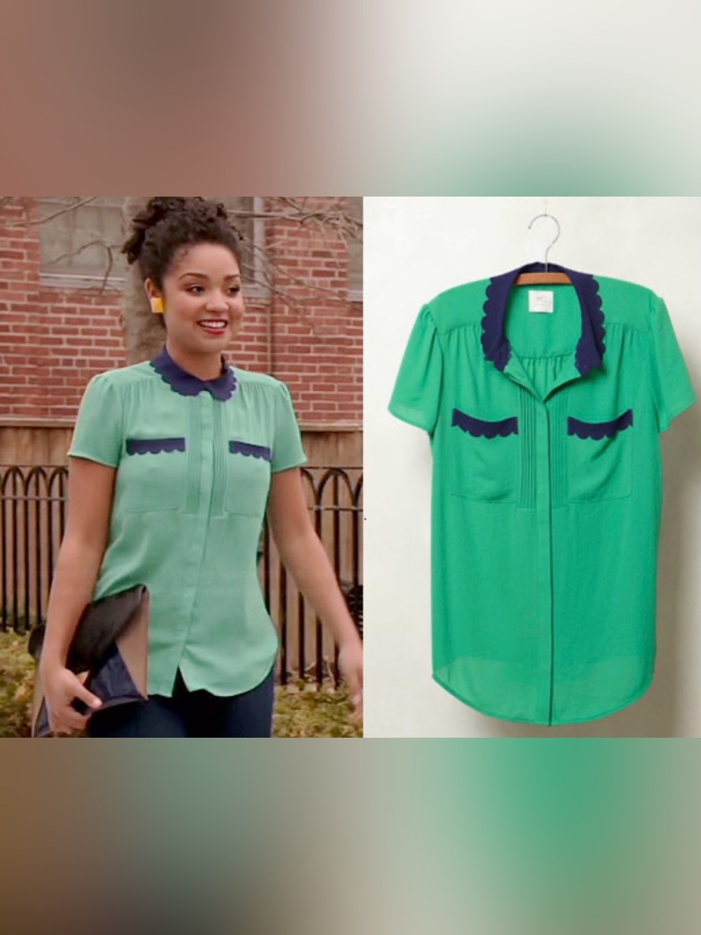 Anthropologie HD In Paris Scallop Green Blue Trim Button Up Blouse size 4